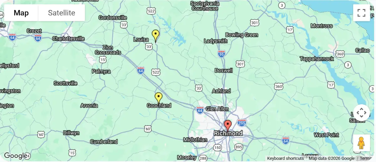 Map showing Goochland Taxi service coverage from Goochland County toward Richmond and nearby Virginia areas